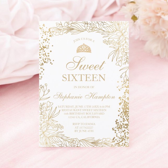 Chic gold floral white Tiara chic Sweet 16 Invitation (Chic gold floral white Tiara chic Sweet 16 Invitation)