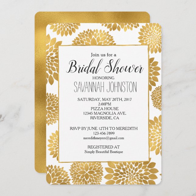 Chic Gold Flowers bridal shower Invitation (Front/Back)