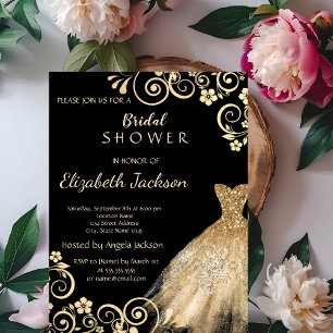 Chic Gold Flowers Glitter Dress Bridal Shower Invitation