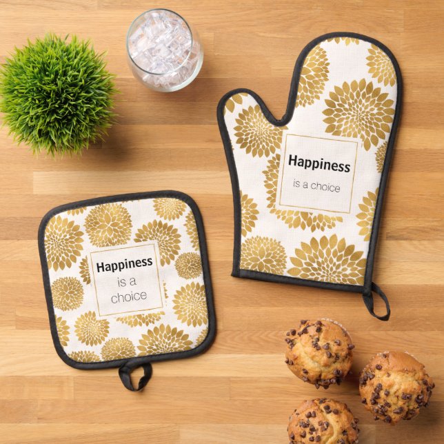 Chic Gold Flowers Happiness Oven Mitt & Pot Holder Set (Top Down)