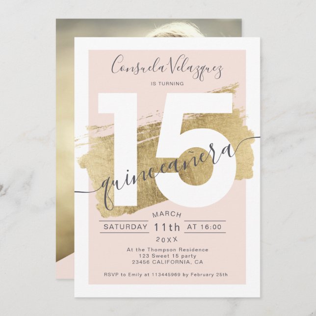 Chic gold foil brushstroke blush quinceanera photo invitation (Front/Back)