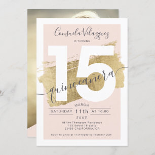 Chic gold foil brushstroke blush quinceanera photo invitation