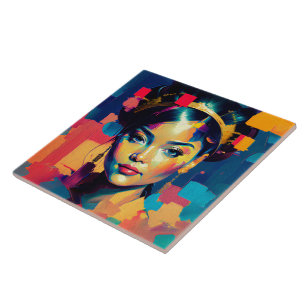 Chic Gold Foil Colourful Women Impasto Oil Paintin Ceramic Tile