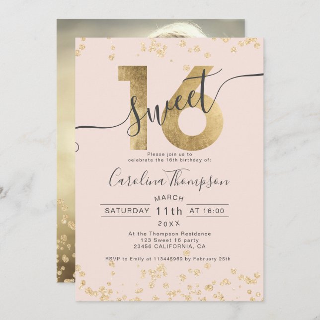 Chic gold foil confetti blush Sweet 16 photo Invitation (Front/Back)