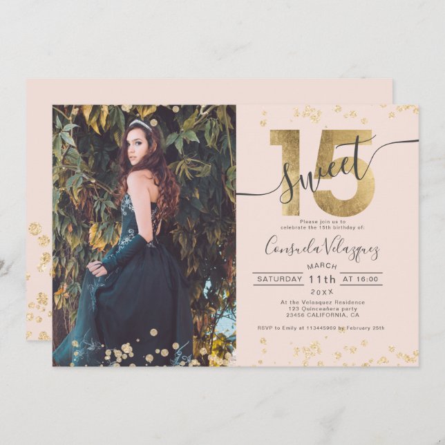 Chic gold foil confetti photo blush Quinceanera Invitation (Front/Back)