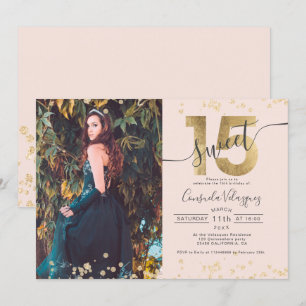 Chic gold foil confetti photo blush Quinceanera Invitation