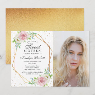 Chic Gold Foil Floral Photo Sweet 16 Birthday Invitation