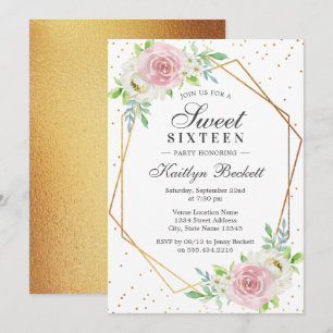 Chic Gold Foil Floral Sweet 16 Birthday Invitation