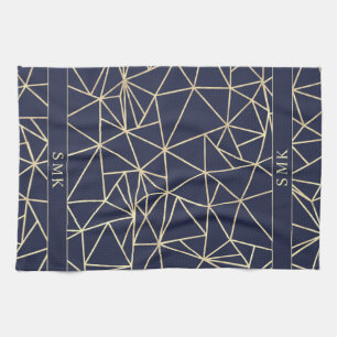 Chic Gold Foil Geometric Polygon Navy Blue Tea Towel