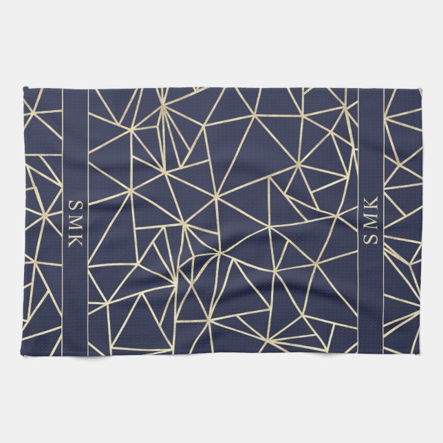 Chic Gold Foil Geometric Polygon Navy Blue Tea Towel (Horizontal)