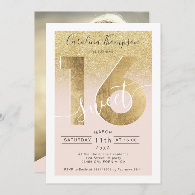 Chic gold foil glitter script blush Sweet 16 photo Invitation (Front/Back)