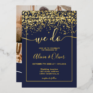 Chic gold foil navy blue photo initials wedding