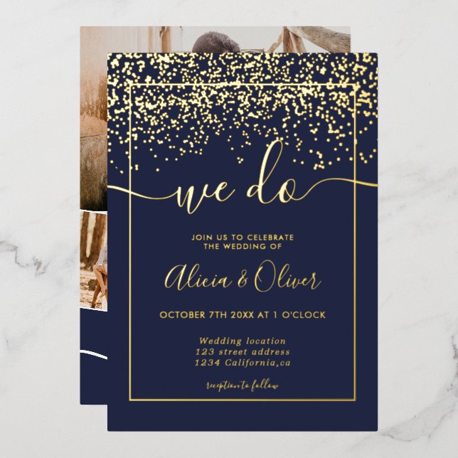 Chic gold foil navy blue photo initials wedding (Front/Back)