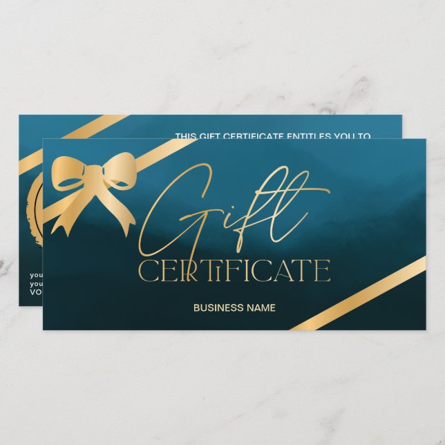 Chic gold foil ribbon blue logo gift certificate (Front/Back)