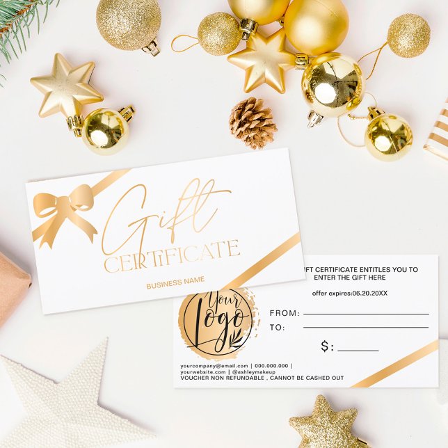 Chic gold foil ribbon white logo gift certificate (Creator Uploaded)