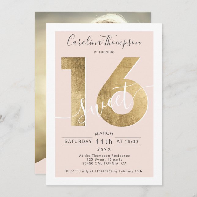 Chic gold foil script blush Sweet 16 photo Invitation (Front/Back)