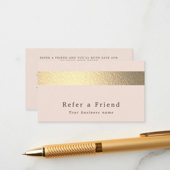 Chic Gold Foil Stripe On Blush Pink Referral Card (Front/Back In Situ)