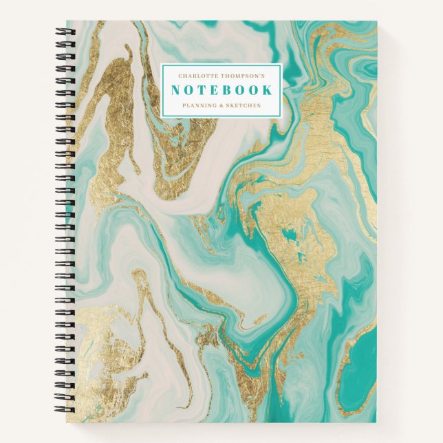 Chic gold foil turquoise beige marble pattern notebook (Front)