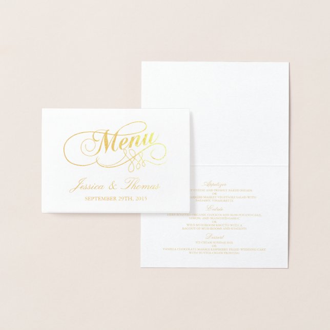 Chic Gold Foil & White Wedding Menu Card Template (Display)