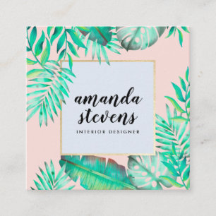 Chic gold frame blush pink watercolor tropical square business card
