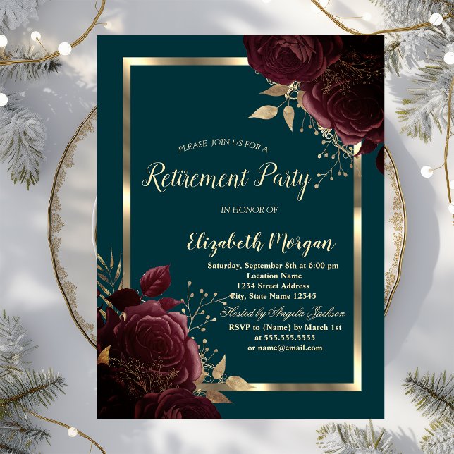 Chic Gold Frame Burgundy Roses Green Retirement   Invitation (Creator Uploaded)