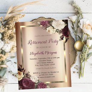 Chic Gold Frame Burgundy Roses Retirement Invitation
