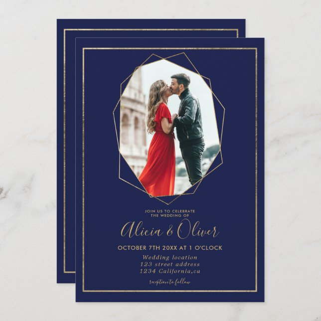 Chic gold frame terrarium navy blue photo wedding invitation (Front/Back)