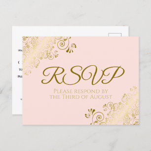 Chic Gold Frills on Blush Pink Wedding RSVP Postcard