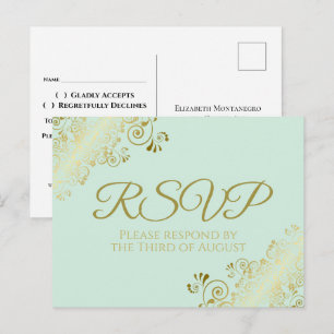 Chic Gold Frills on Neo Mint Green Wedding RSVP Postcard