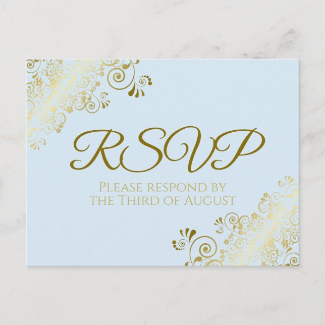 Chic Gold Frills on Powder Blue Wedding RSVP Postcard (Front)