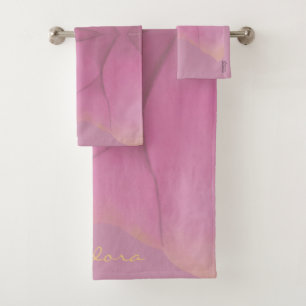 Chic Gold Fuchsia Abstract Floral Patern Bath Towel Set