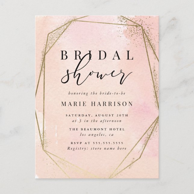 Chic Gold Geometric Blush Pink Bridal Shower Invitation Postcard (Front)