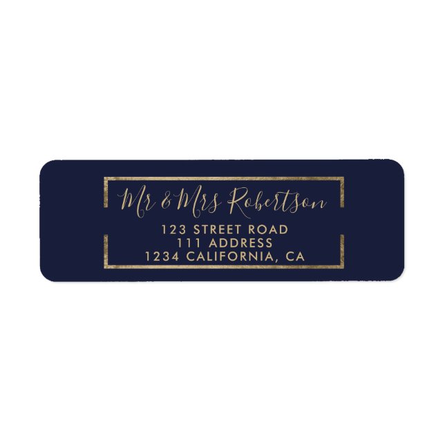 Chic gold geometric foil script navy blue wedding return address label (Front)