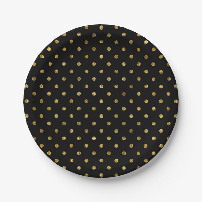 Chic Gold Glam and Black Polka Dots Paper Plate (Front)