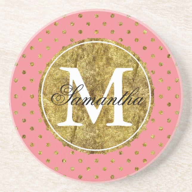Chic Gold Glam and Pink Dots Monogram Coaster (Front)