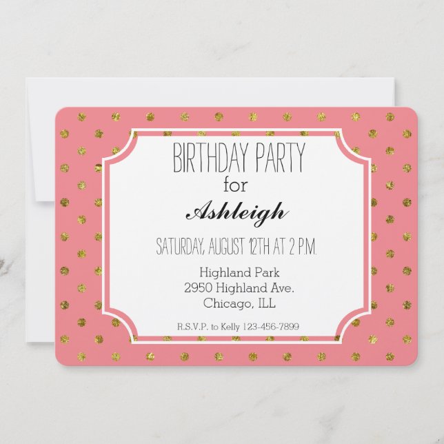 Chic Gold Glam and Pink Polka Dots birthday Invitation (Front)