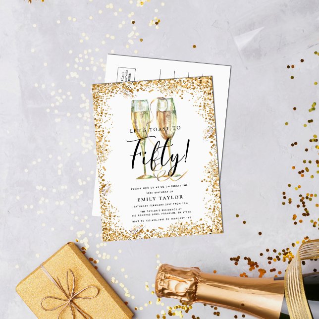 Chic Gold Glitter 50th Birthday Party Invitation Postcard (Creator Uploaded)