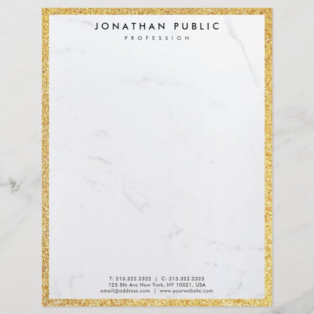 Chic Gold Glitter And White Marble Modern Template Custom Letterhead (Front)