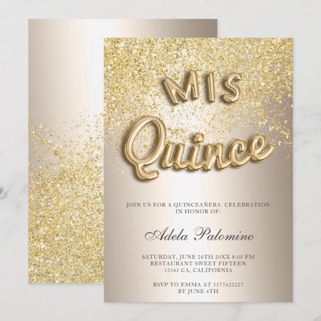 Chic gold glitter balloons chic foil Quinceañera Invitation (Front/Back)