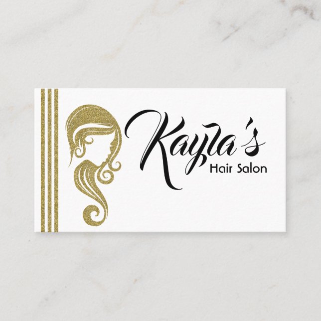 Chic Gold Glitter Beauty Girl Hair & Makeup Salon Business Card (Front)