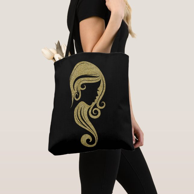 Chic Gold Glitter Beauty Girl Hair & Makeup Salon Tote Bag (Close Up)