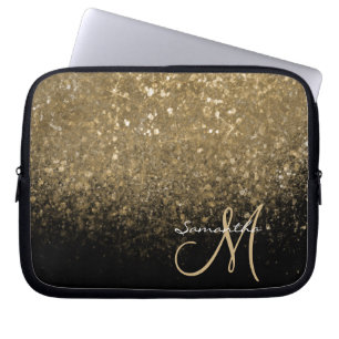 Chic Gold Glitter & Black Monogrammed Laptop Sleeve