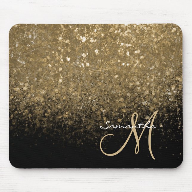 Chic Gold Glitter & Black Monogrammed  Mouse Pad (Front)