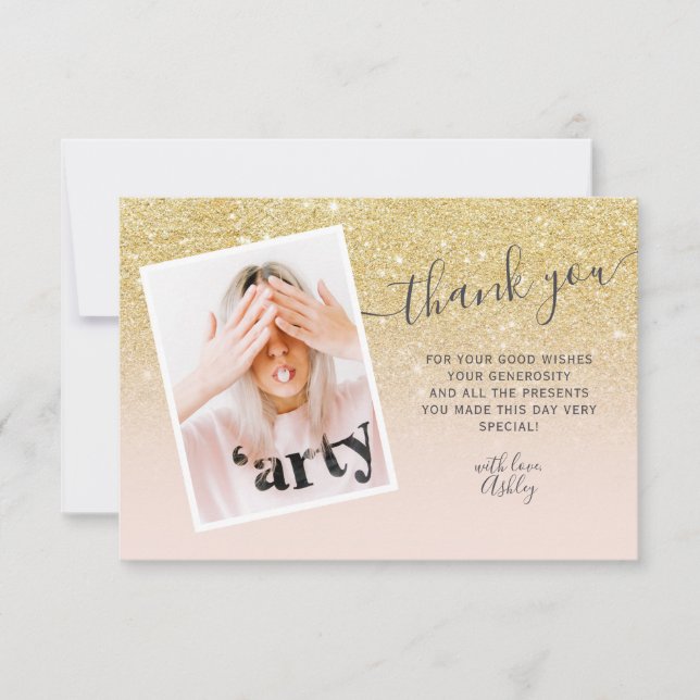 Chic gold glitter blush photo thank you Sweet 16 (Front)