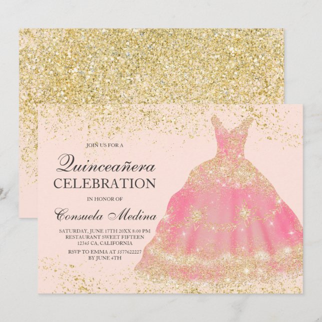 Chic gold glitter blush pink dress Quinceañera Invitation (Front/Back)