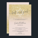 Chic gold glitter blush pink girly bat mitzvah invitation<br><div class="desc">Chic yellow gold glitter pastel blush pink script calligraphy typography Bat Mitzvah party invitation .Perfect for a modern elegant party. Add your Hebrew Name.</div>