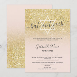 Chic gold glitter blush pink girly bat mitzvah invitation