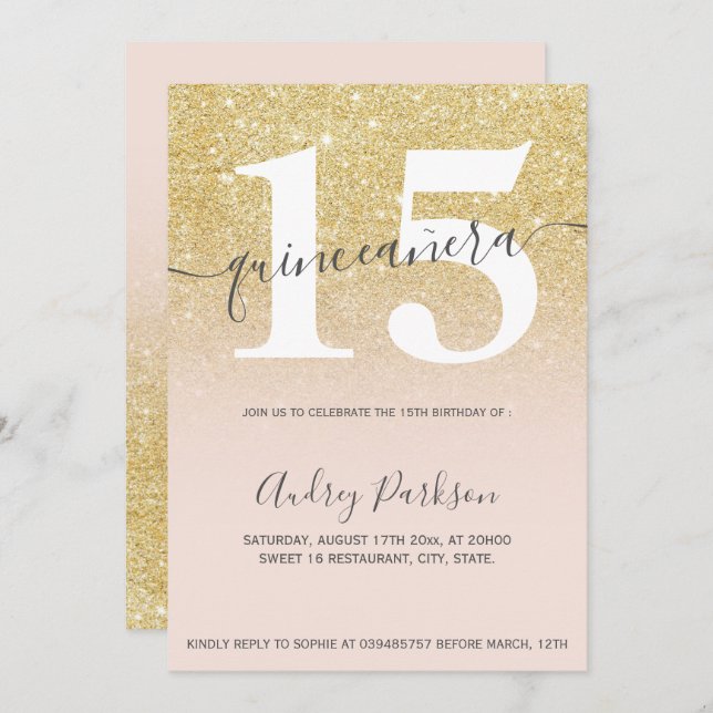 Chic gold glitter blush pink girly quinceanera invitation (Front/Back)