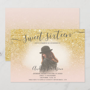 Chic gold glitter blush pink girly Sweet 16 photo Invitation