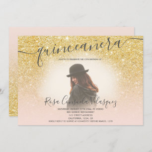 Chic gold glitter blush pink quinceanera photo invitation